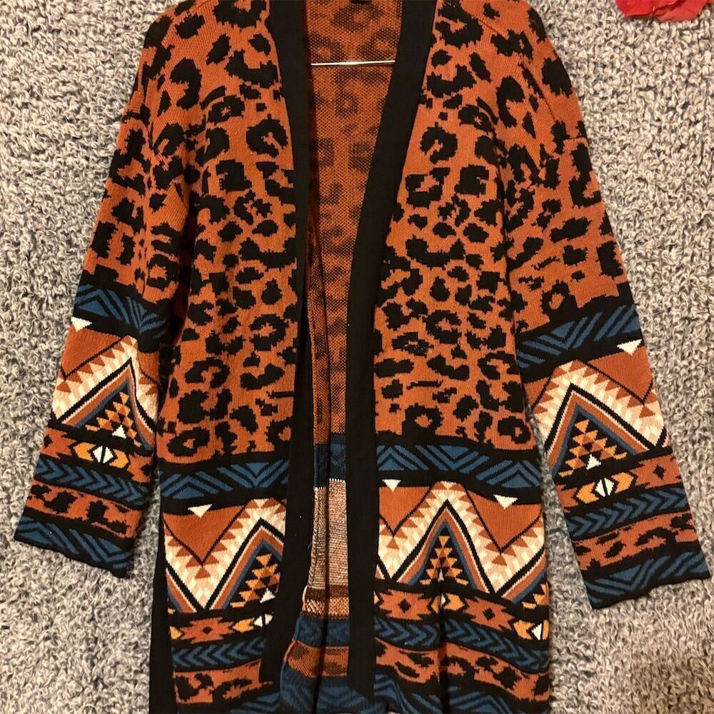 Women's Multicolor Animal Print Cardigan Sweater large Open Front Tie Belt